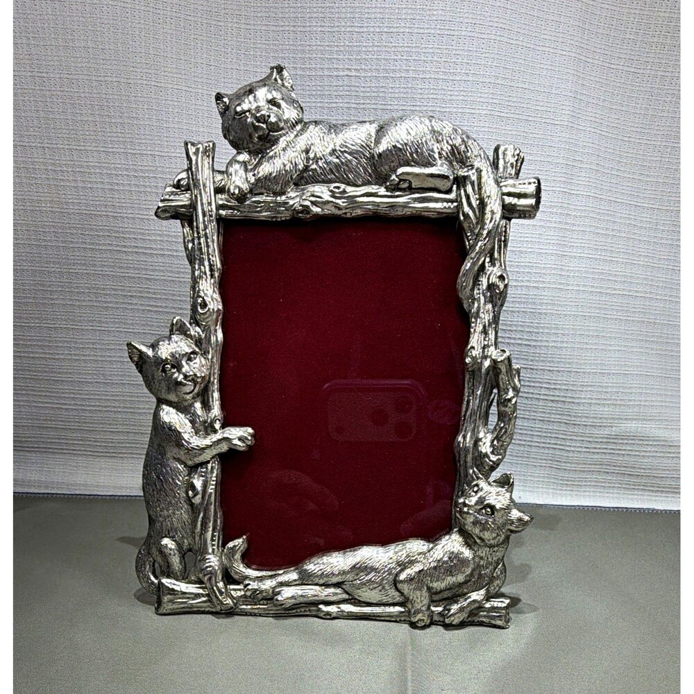 Vintage Pewter Style Metal Cat Picture Frame 3D Sculpted Kittens Tree Branch 4x6